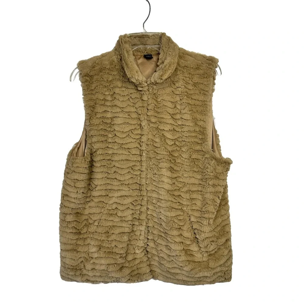 Mixit Faux Fur Vest Women Size L/XL Brown Soft Hook Closure‎ Pockets Sleeveless